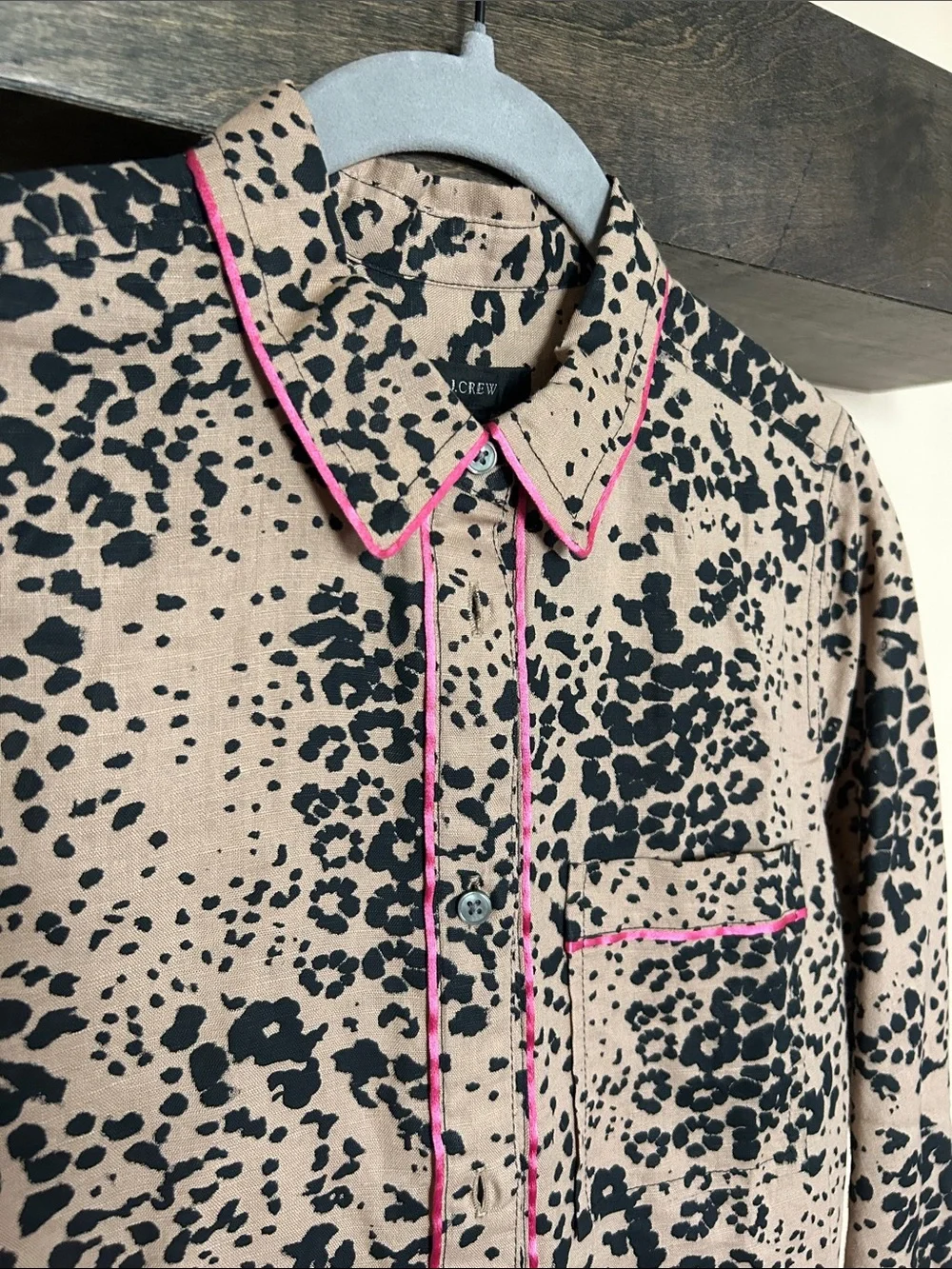 J. Crew Tan and Black Leopard Print Shirt with Pink Trim